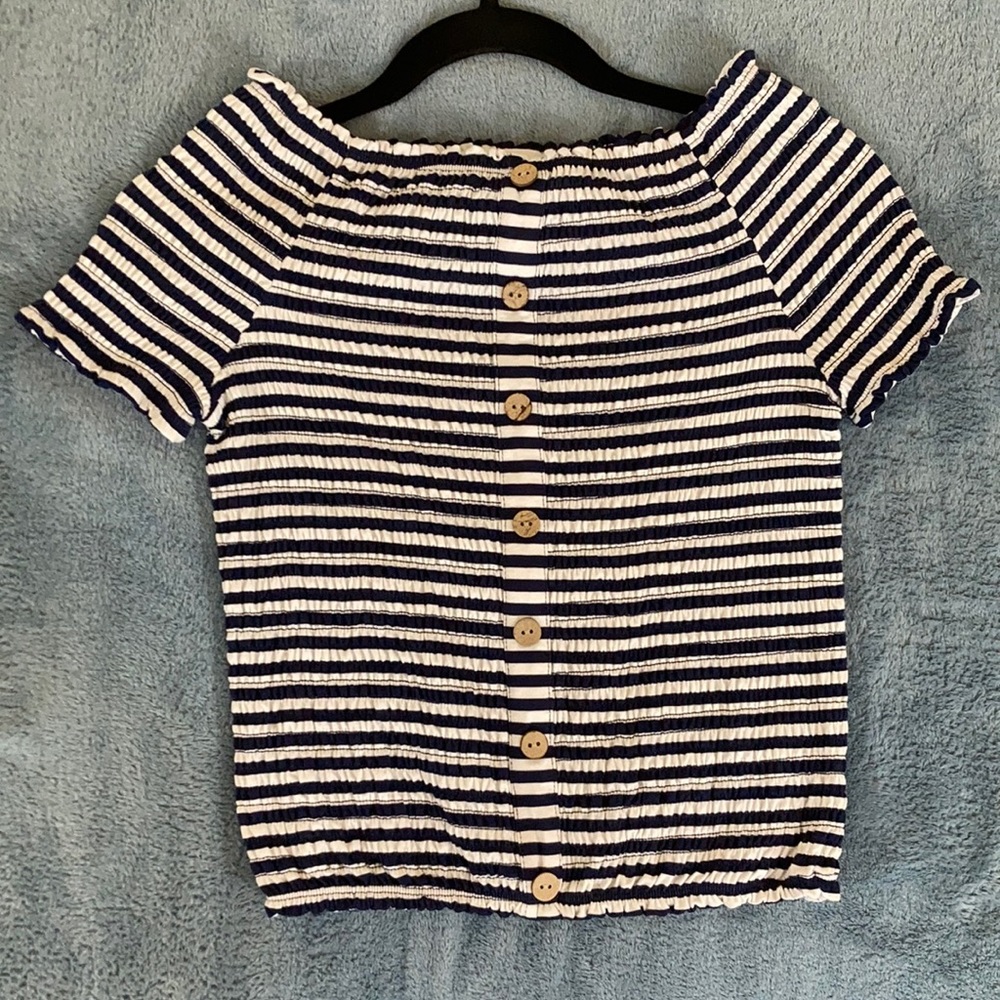 Knit works blue striped smocked faux button down